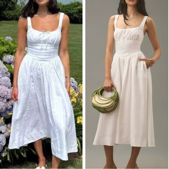 BEST Reformation Balia Linen Midi Dress Sz0 White Linen Bow Sleeveless Classic - Picture 1 of 10